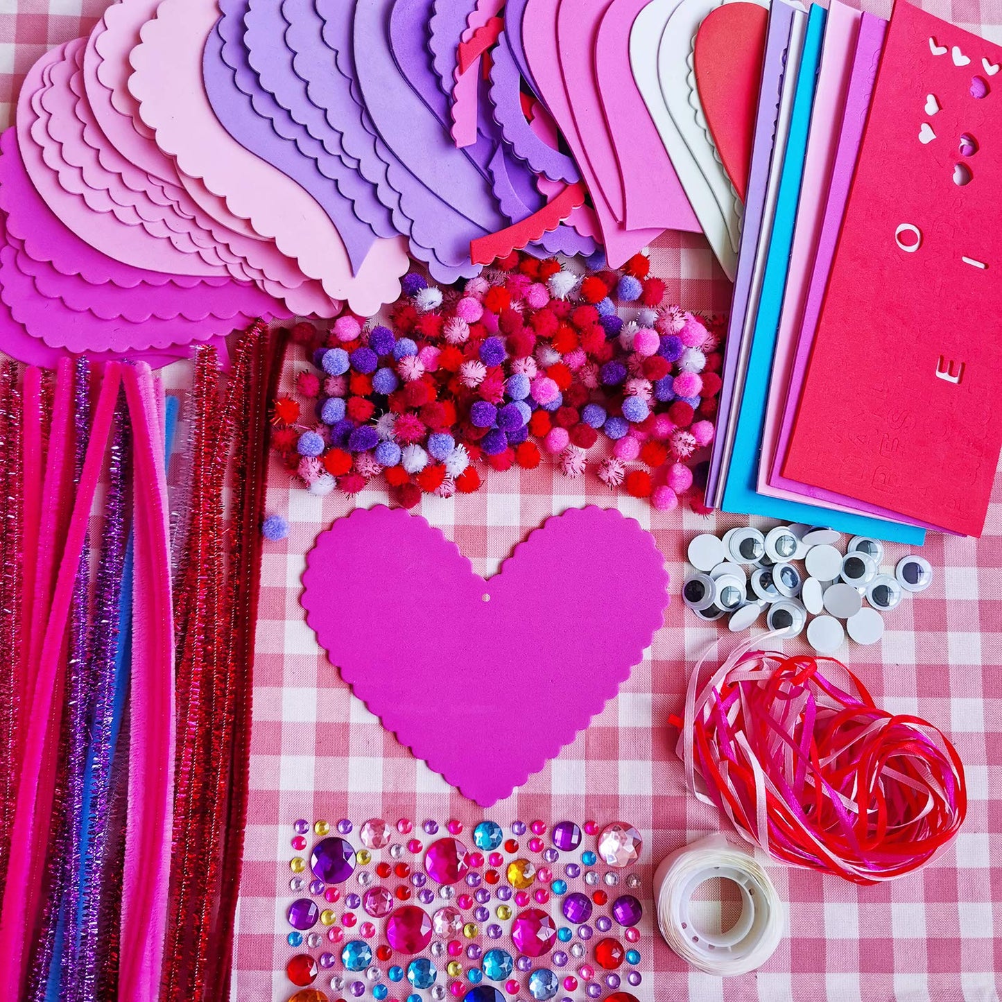 Winlyn 24 Sets Valentine's Day Heart Ornaments Decorations DIY Foam Craft Kits Assorted Shapes Stickers Pom-poms Googly Eyes for Kids Classroom Art Activity Gift Exchange
