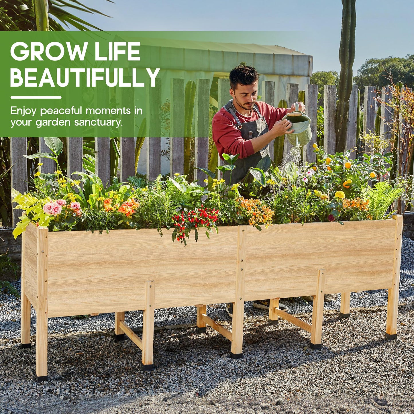 SPECRAFT 7x2 Ft Wooden Raised Garden Bed with Legs - 15 Inch Deepth Elevated Planter Box for Deep-Rooted Plants, Ideal for Patio, Easy Assembly