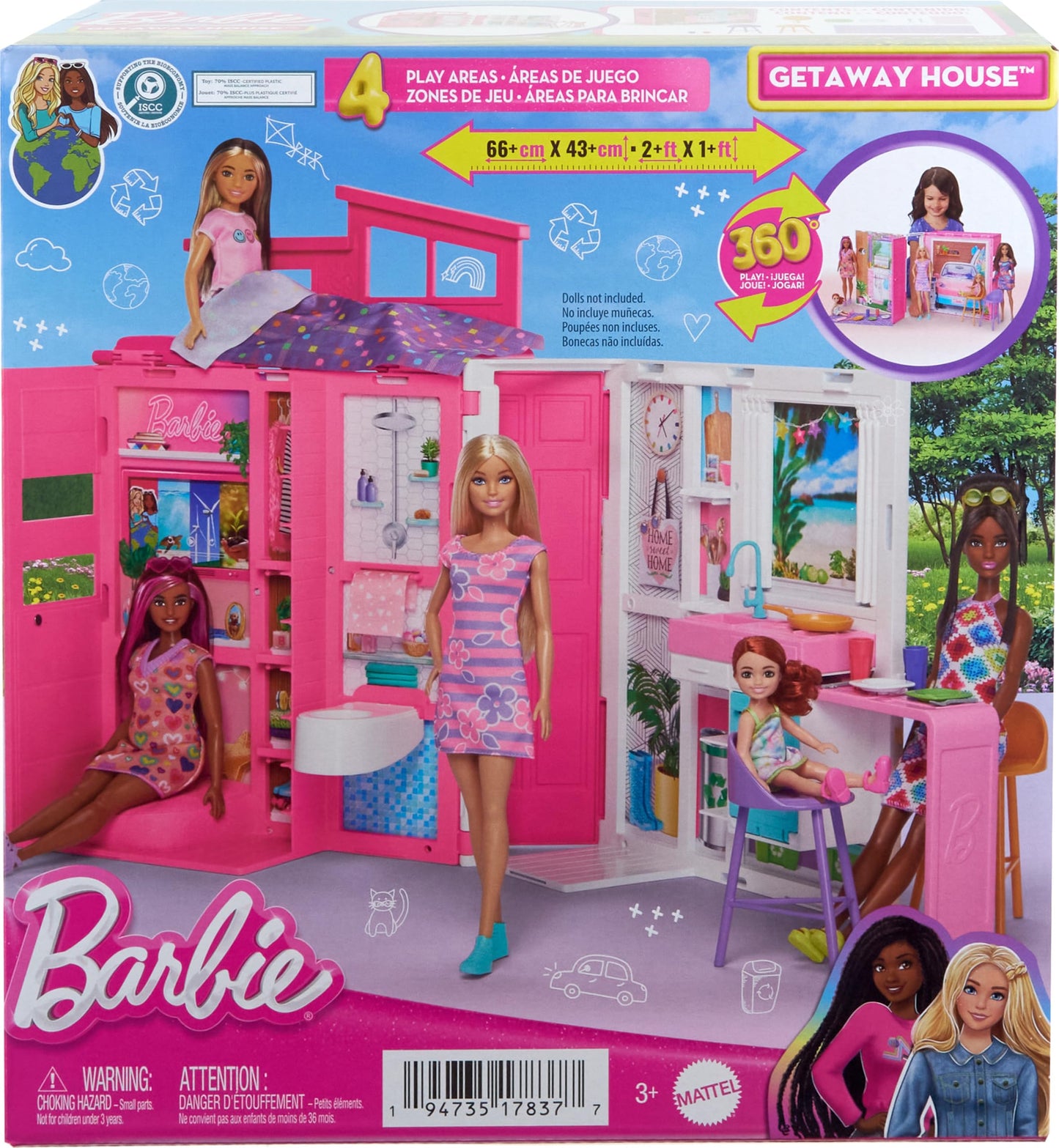 Barbie Dollhouse Playset, Getaway House with 11 Accessories Including 2 Chairs, 4 Play Areas & 360-degree Play
