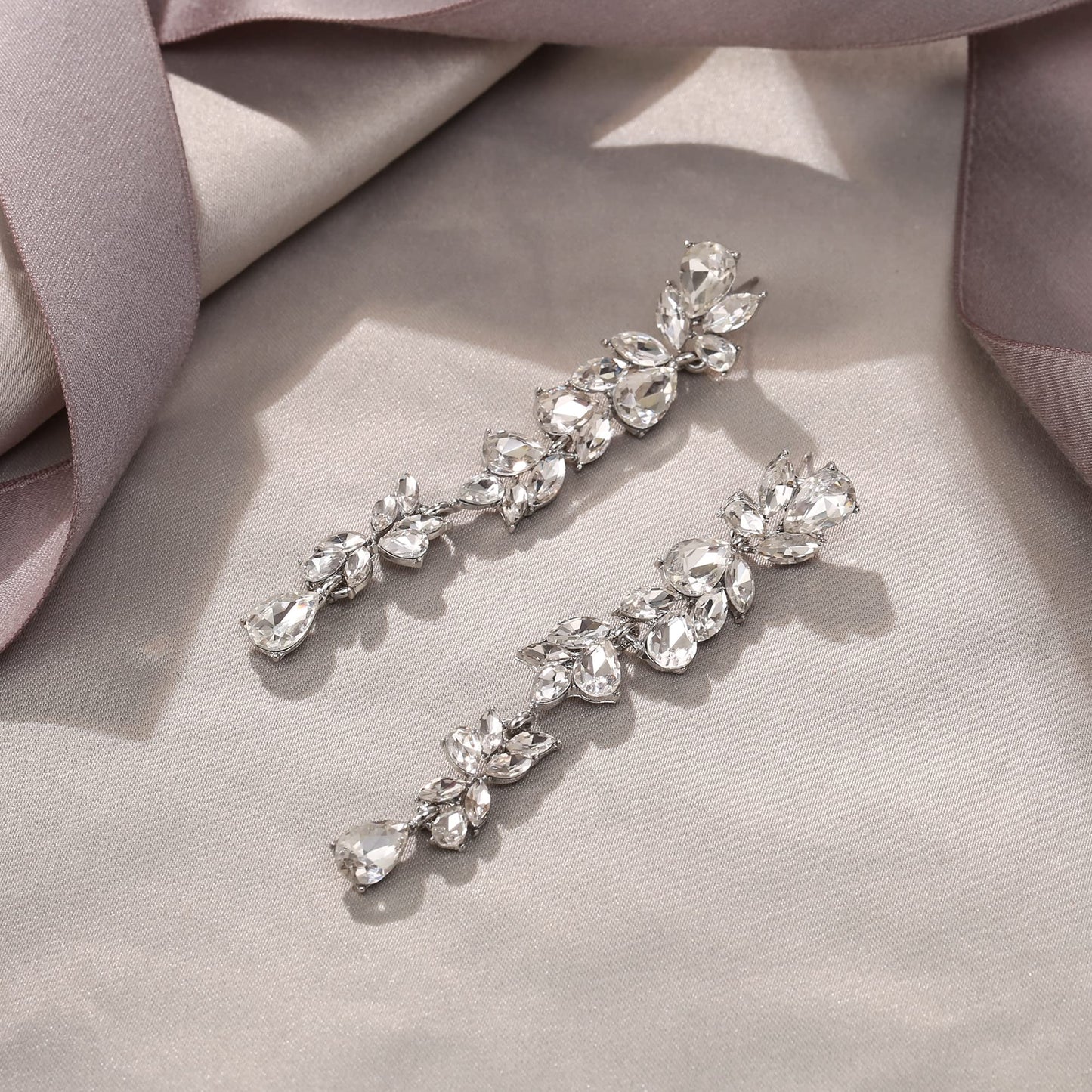 EVER FAITH Wedding Rhinestone Crystal Chandelier Earring for Women Brides, Art Deco Marquise Teardrop Bridal Long Dangle Drop Earrings for Prom Clear Silver-Plated-Base