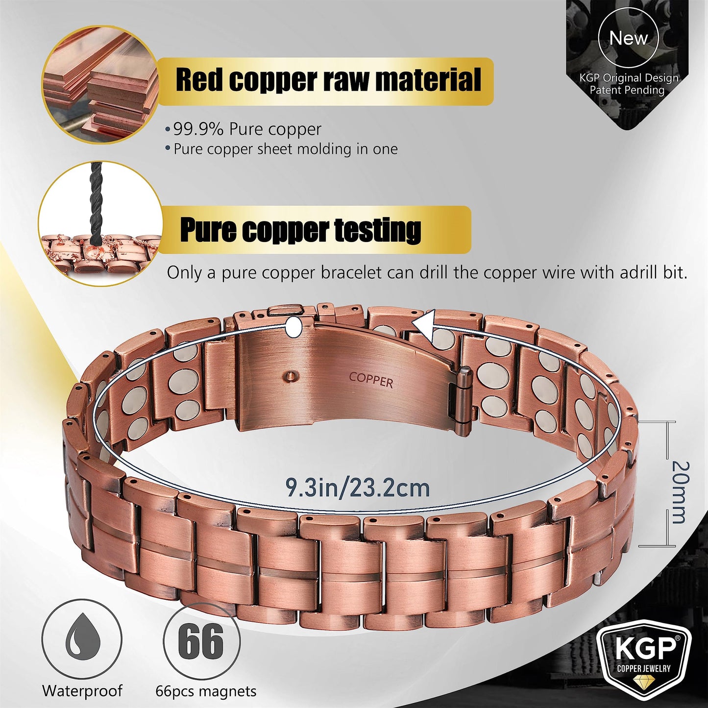 KGP® Mens Magnetic Copper Bracelet | 3X Strength Ultra Enhanced Magnets | 99.99% Solid Pure Copper Therapy Wristband for Men | Adjustable Magnetic Copper Jewelry with Gift Box