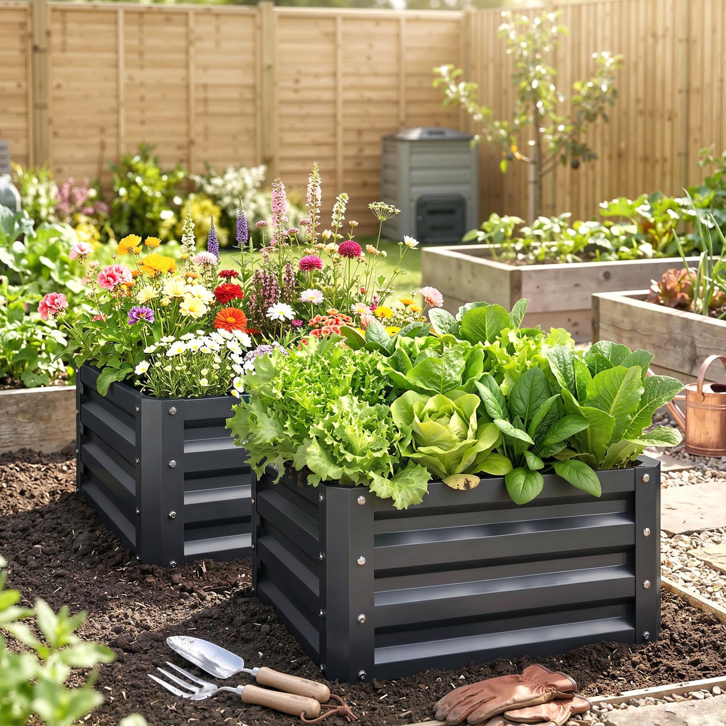 Outsunny 2 Piece Galvanized Raised Garden Bed, 2' x 2' x 1' Metal Planter Box for Growing Vegetables, Flowers, Herbs, Succulents, Dark Gray