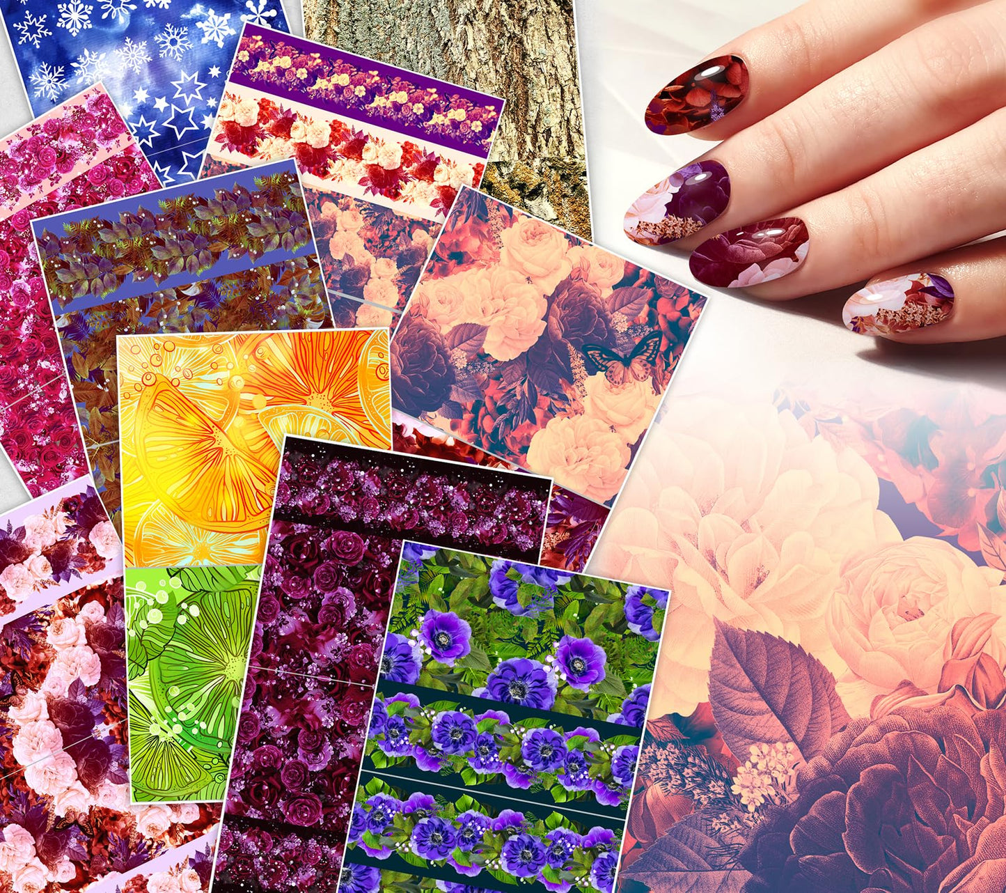 Nail Decals [10 Sheets] Dark Floral Nail Strips Set Moody Roses Butterflies Blossoms Rich Layered Textures Dramatic Garden Tones Creating Elegant Expressive Manicure Styles Luxurious Nail Looks