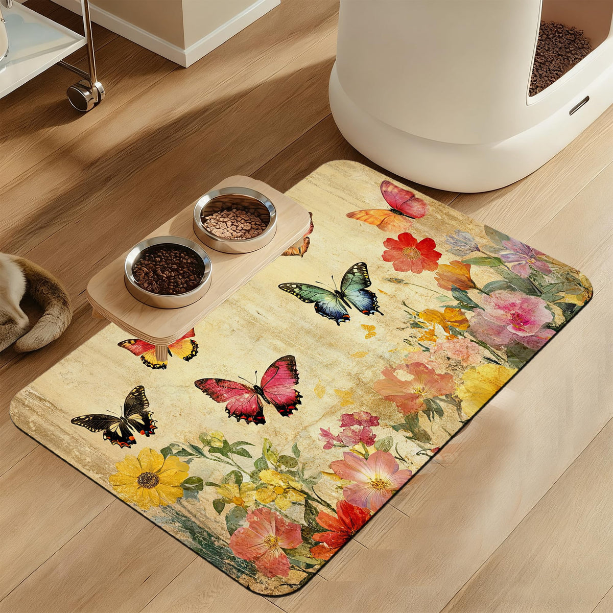Pink Cat Dog Food Mat–Absorbent Quick Dry Feeding Placemat for Food and Water Bowls, Non Slip Rubber Backing, Waterproof Pet Supplies for Mess-Free Eating 12"x20"