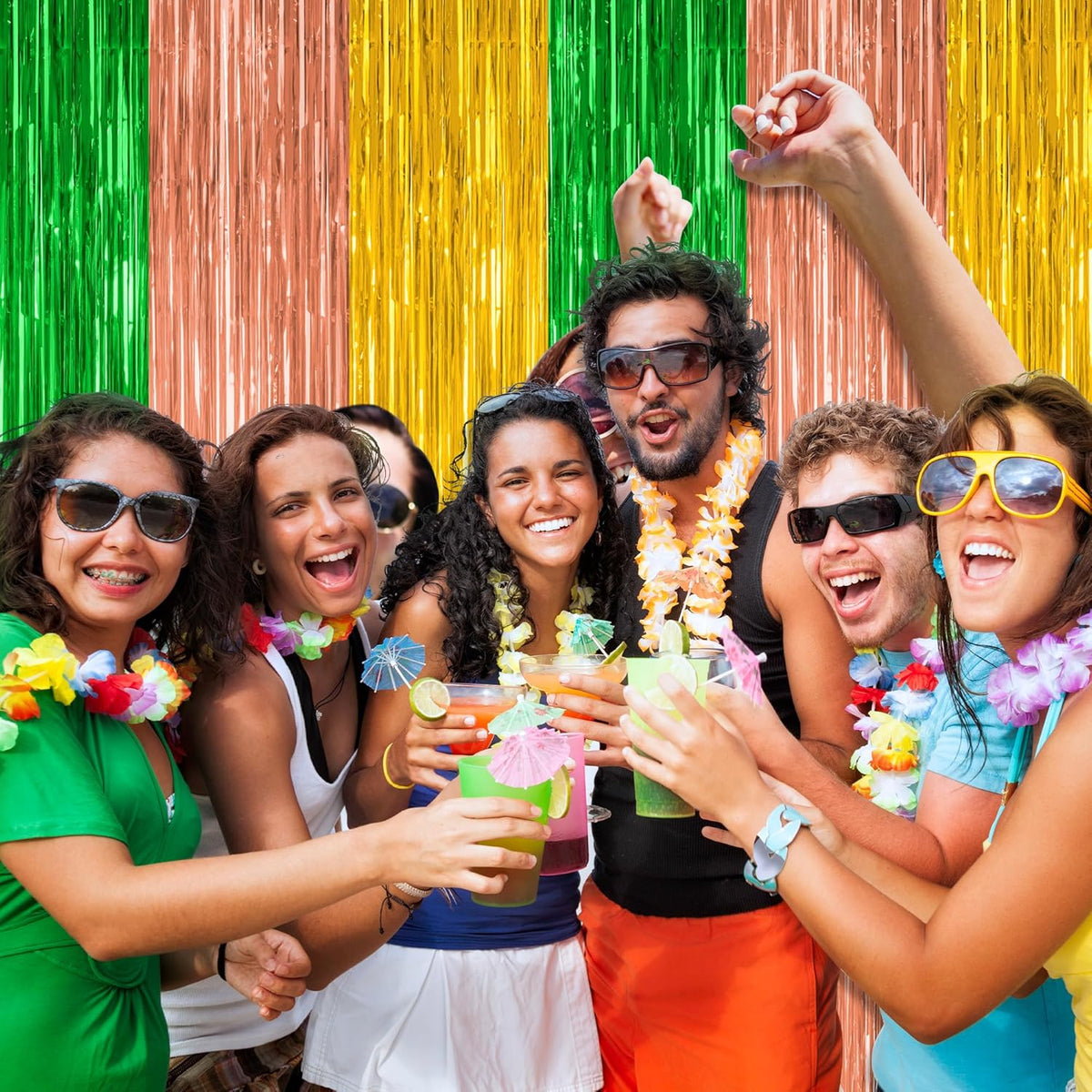 2 Pack Luau Decorations, 3.28 FT x 7.05 FT Summer Party Streamer, Green Brown Yellow Backdrop Tinsel Curtains Fringe Curtains, Metallic Hawaiian Supplies Aloha Party Decor