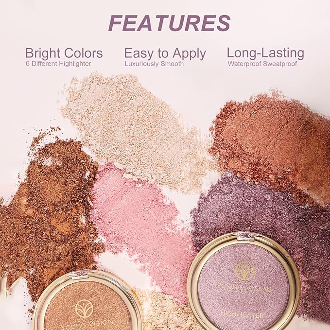 YOUNG VISION Pressed Powder Highlighter, Baked Natural Glow Contour Powder & Face Highlighter, Cruelty-Free, Shimmer Highlighting Makeup for Face, Eye, Eyeshadow, Body, Skin (Pink)