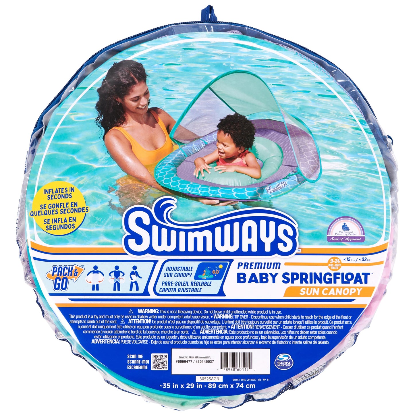 SwimWays Baby Spring Float, Baby Pool Float with Canopy, Swim Training PFD, Swimming Pool Accessories for Babies and Toddlers 9-24 Months, Mermaid