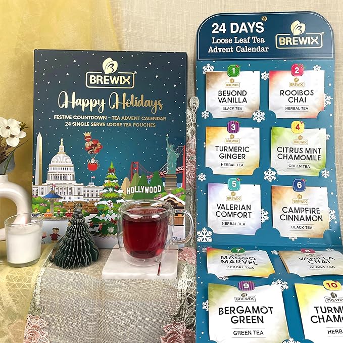BREWIX, Tea Advent Calendar 2025 | 24 Delightful Black & Green Loose Leaf Teas - Holiday Gift Box | Christmas Advent Calendar 2025 for Adults | Gift Idea for Tea Lovers, Christmas Countdown Set | Holiday Variety Sampler for Tea Lovers