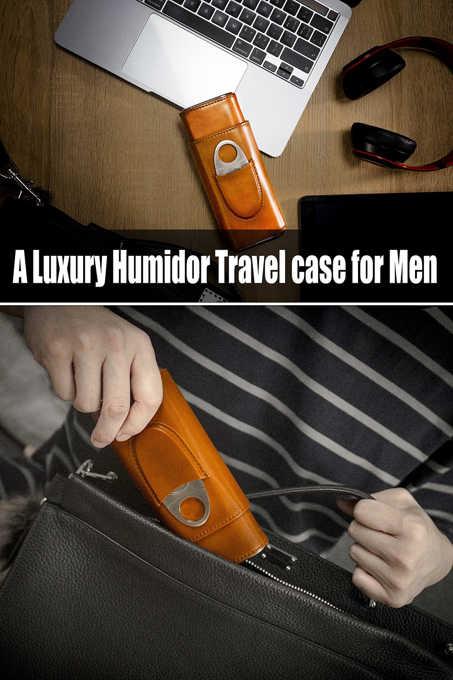 Leather Cigar Travel Case with Cutter & Gift Box - Wood Lined Humidor, Perfect Cigar Accessory Gift for Men