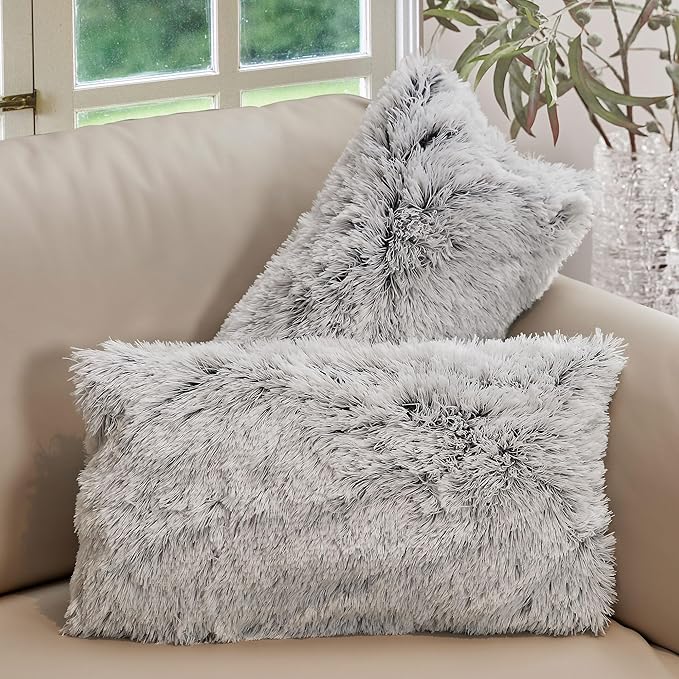 Cheer Collection Throw Pillows for Couch and Bed, Soft Shaggy Throw Pillows with Inserts Included, Cozy Long Hair Faux Fur Pillows - Set of 2-12" x 20" - Gray