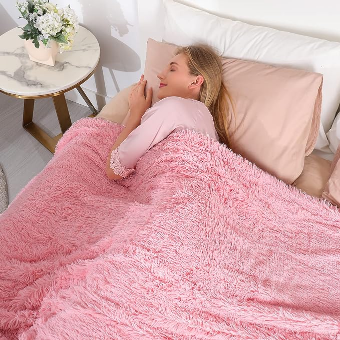 Tuddrom Decorative Extra Soft Faux Fur Blanket Twin Size 70" x 78",Solid Reversible Fuzzy Fluffy Cozy Plush Fleece Comfy Microfiber Fur Blanket for Couch Sofa Bed,Pink