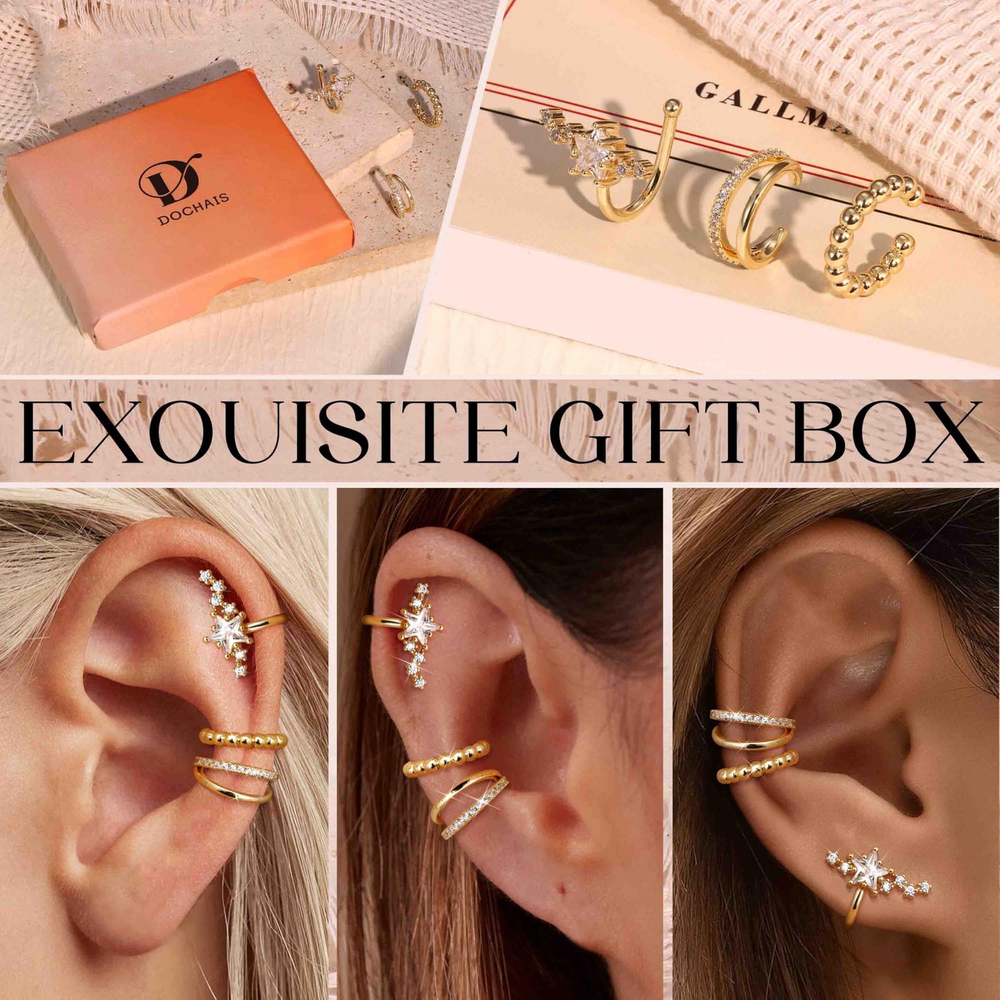 Dochais Ear Cuff Earrings for Women Non Piercing 14K Gold Plated Ear Cuff for Non Pierced Ears Clip on Cartilage Earring Dainty Fake Earrings G2