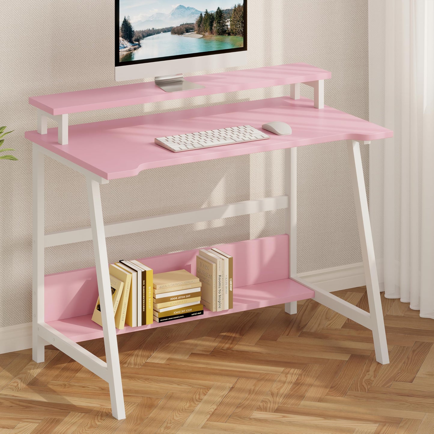 ALISENED 31.5 Inch Small Office Desk with Storage, Small Desk for Small Spaces, Compact Home Office Desk, Mini Study Desk for Bedroom, Pink