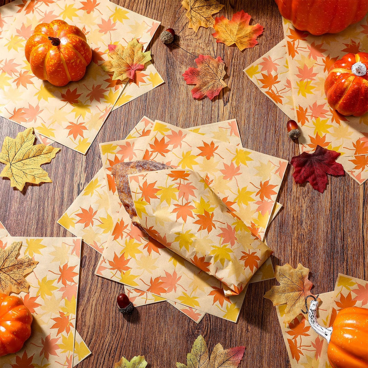 Tenare 150 Pieces Autumn Fall Wax Paper Sheets Food Wrap Grease Resistant Liners Thanksgiving Theme Waterproof Wrapping Tissue Food Picnic Paper for Kitchen(Orange Maple Leaf)