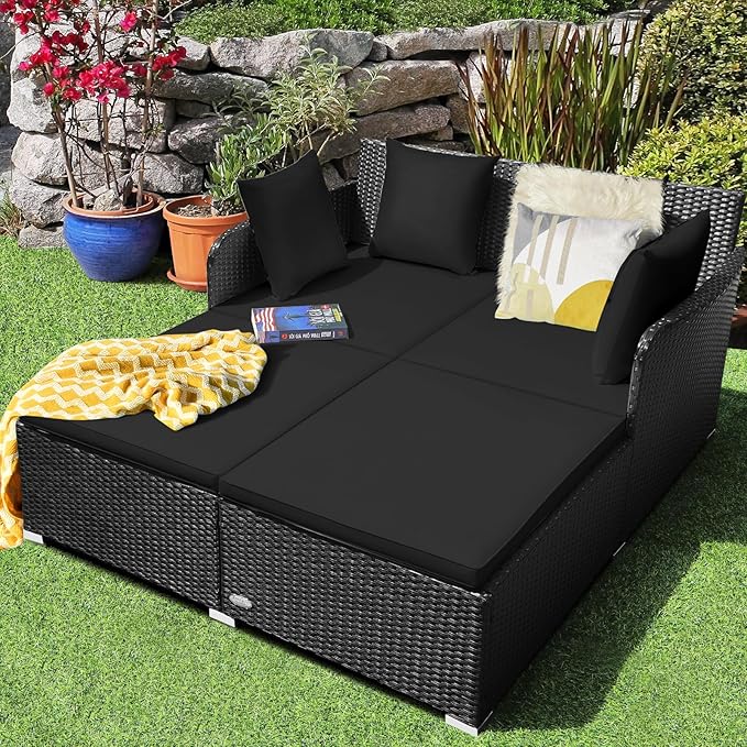 HAPPYGRILL Patio Rattan Daybed Outdoor Loveseat Sofa Set with Padded Cushion Pillows and Sturdy Aluminum Foot Wicker Patio Furniture for Garden Porch Poolside