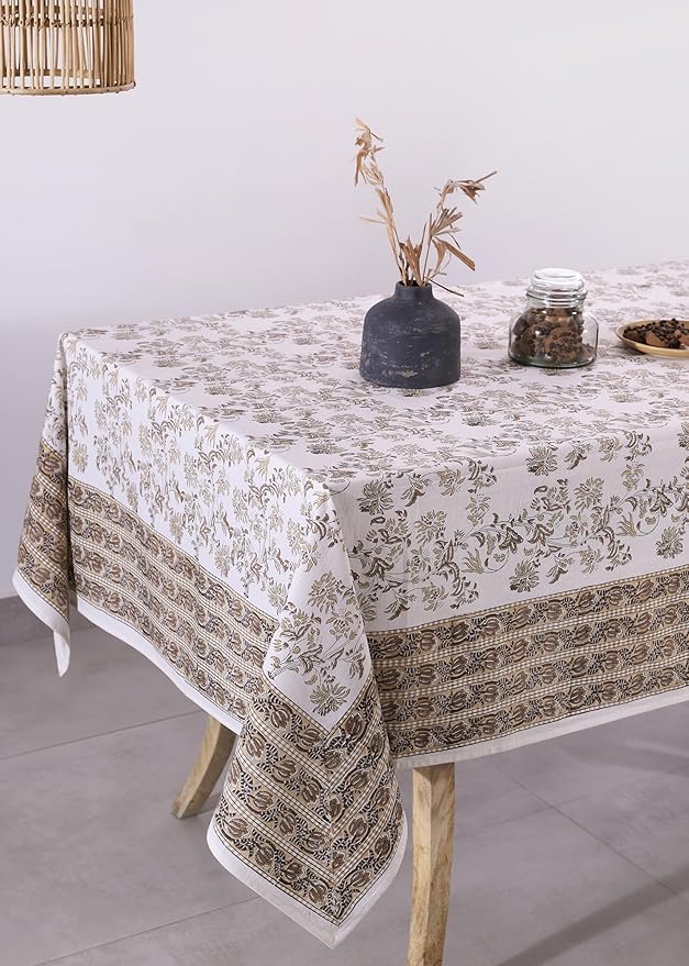 Labhanshi Indian Handblock Print Pre-Washed Cotton Floral Table Cloth|Reusable Rectangle 72x108 Inch 8-Seater Dining Tablecloth|Spring Easter Festive Decorative Table Cover|Beige Brown