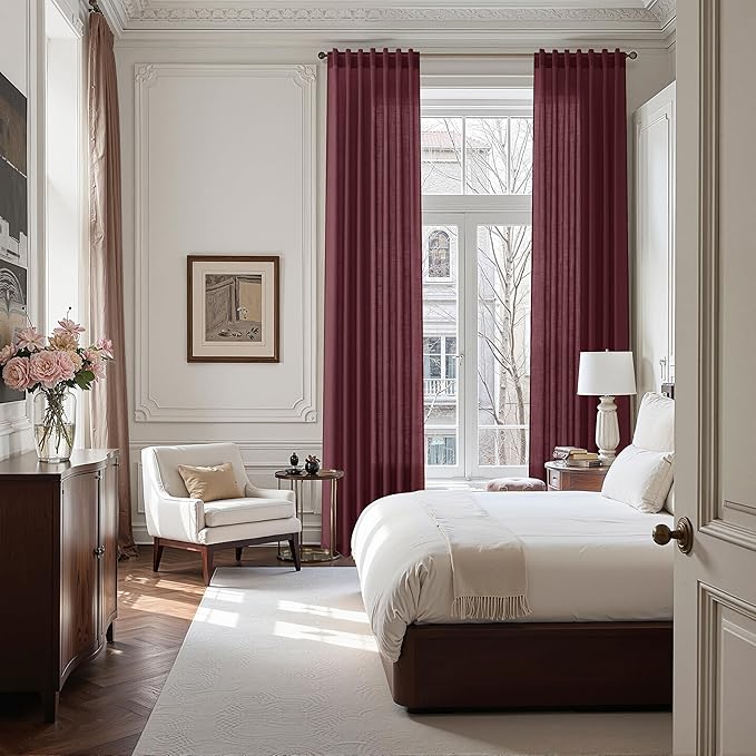 Nanspring Burgundy Linen 144 Inch Curtains for Living Room Light Filtering Semi Sheer Curtain Back Tab Vintage Boho Decor Elegant Drapes Floor to Ceiling High Window for Bedroom 52x144, 2 Panels