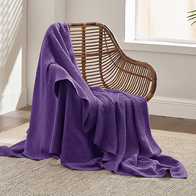 Bedsure 100% Cotton Blanket Twin XL Size for Bed - Breathable and Soft, Waffle Weave Blanket for Summer Spring, Purple, 66x90 inches