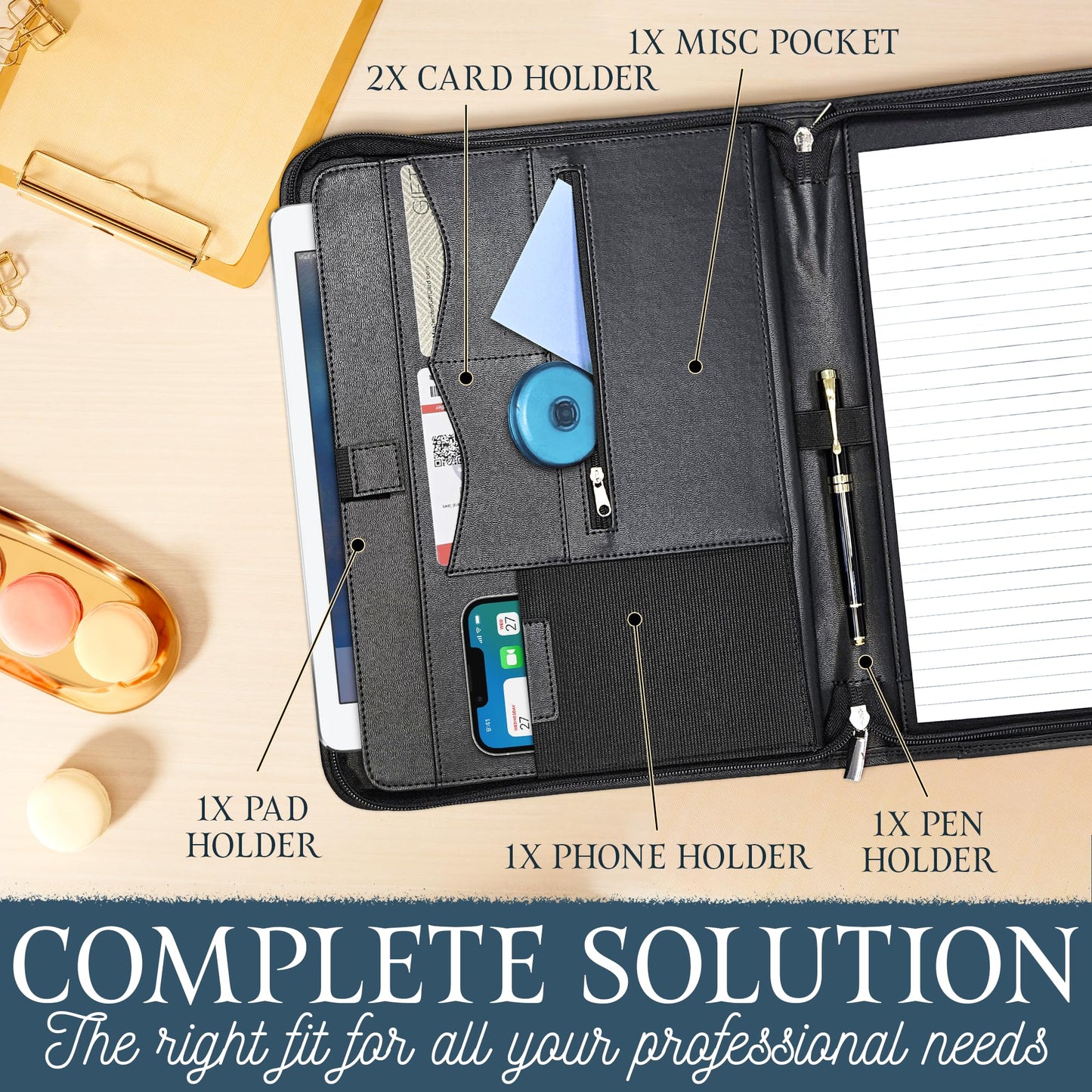 Professional Padfolio for Organized Productivity, Zippered Portfolio, Business Card & Interview Portfolio, Tablet, Laptop, Phone & Folder Holder, Included Pen & Notepad, Antique Teal Binder.