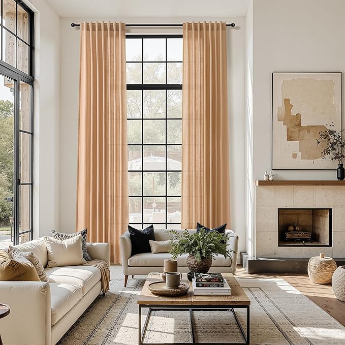 Nanspring Camel Linen Curtains for Living Room Extra Long 126 Inches Long Back Tab Light Filtering Semi Sheer Curtain Vintage Rustic Decor Floor to Ceiling High Window for Bedroom 52x126, 2 Panels