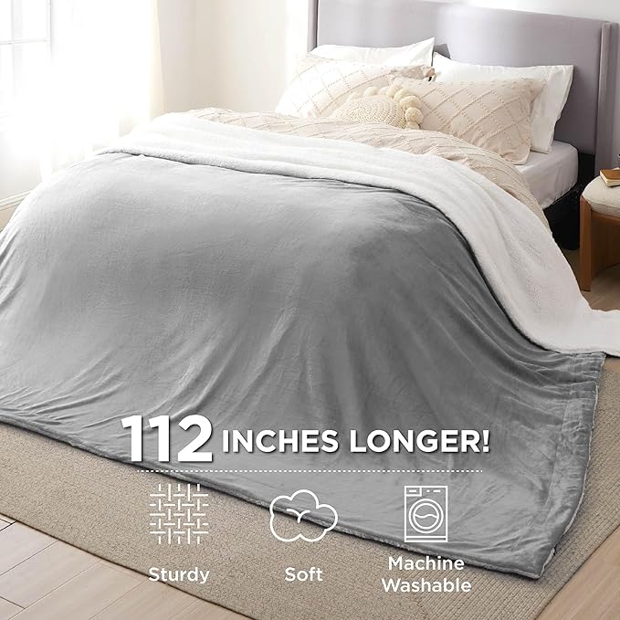Bedsure Sherpa Fleece Oversized Cal King Blankets for Bed - Thick and Warm, Soft Fuzzy Plush Large Blanket for Winter, Light Grey, 112x98 Inches