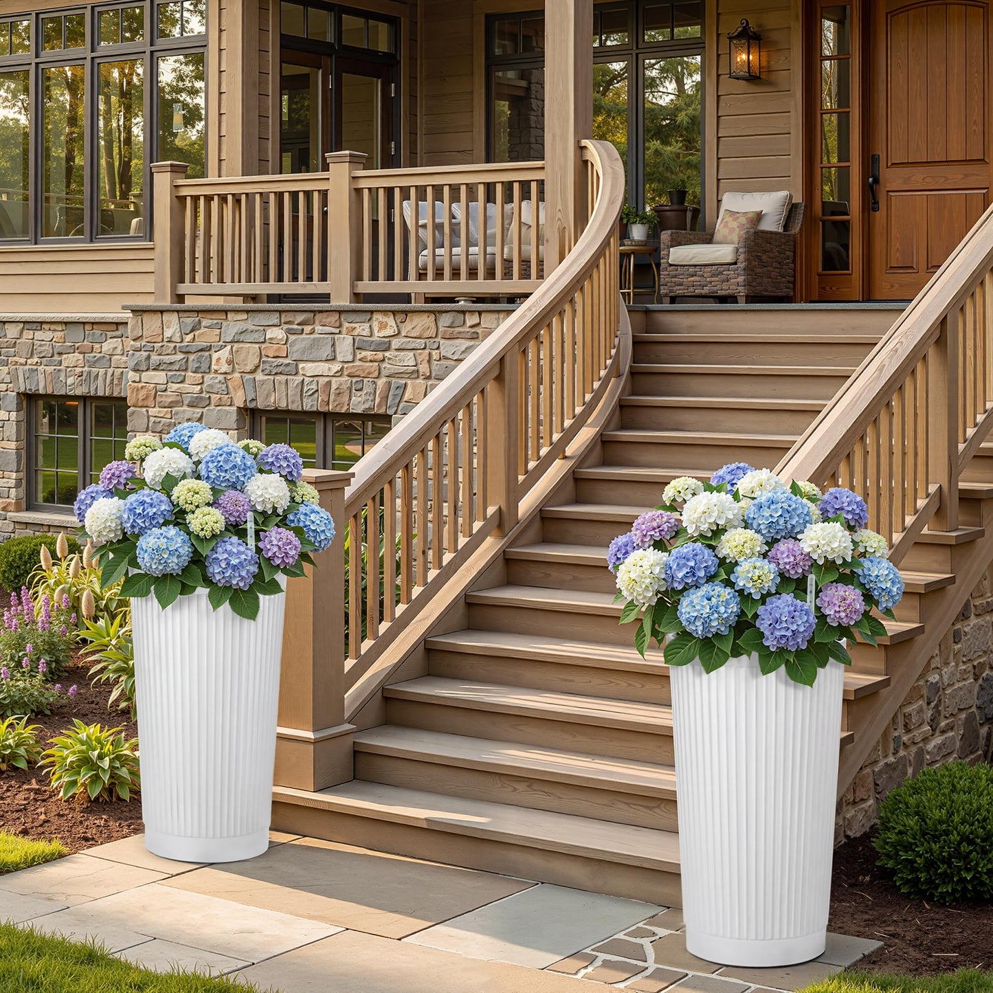 TUYOHW 2-Pack 24in Round Plastic Planters with Self-Watering System and Vertical Ribbed Design – Perfect for Home, Patio, Garden Plants