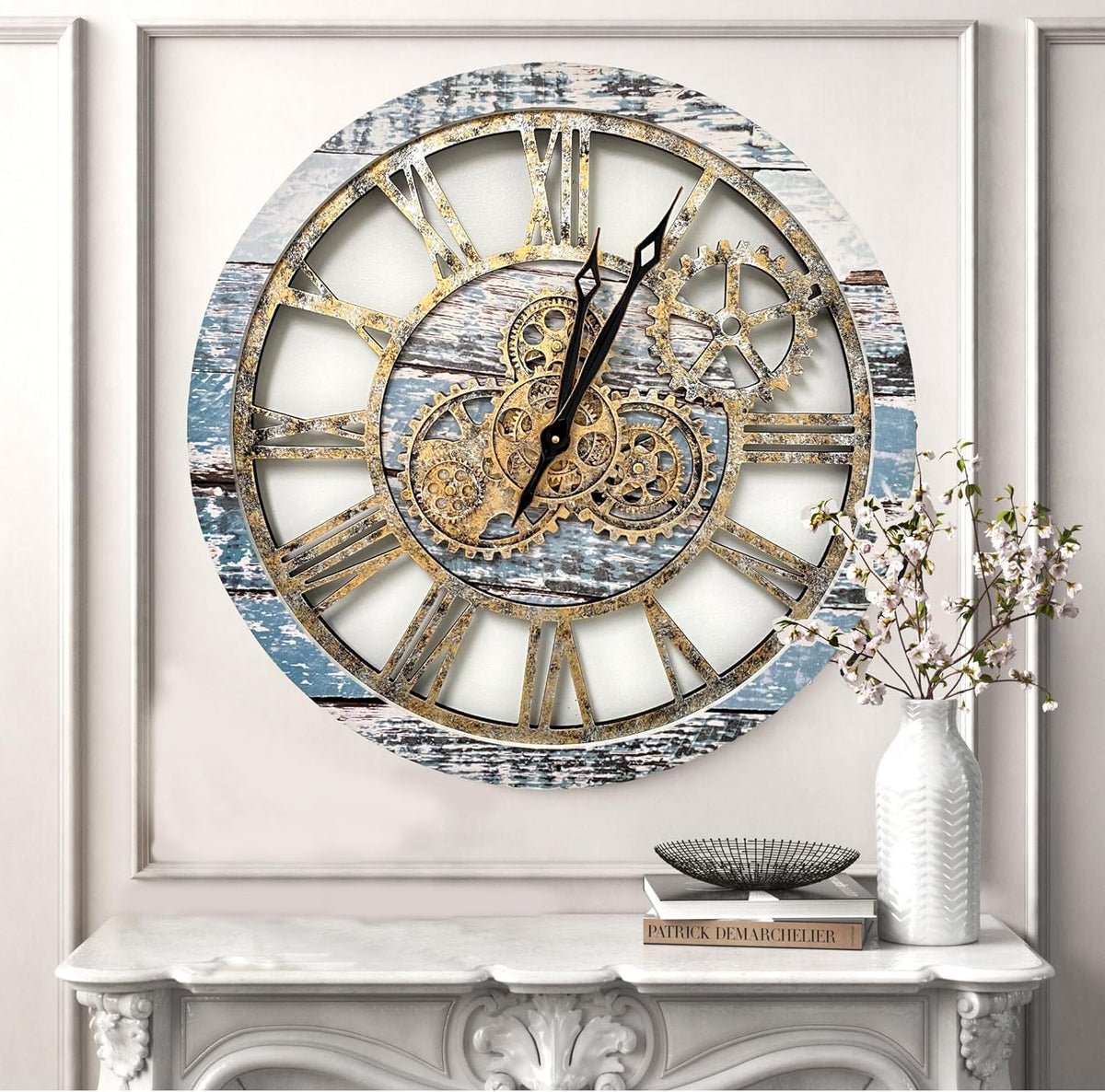 The Original Real Moving Gear Wall Clock Vintage Industrial Oversized Rustic Farmhouse (24 inch (60cm), Vintage Aqua Green and Bronze)