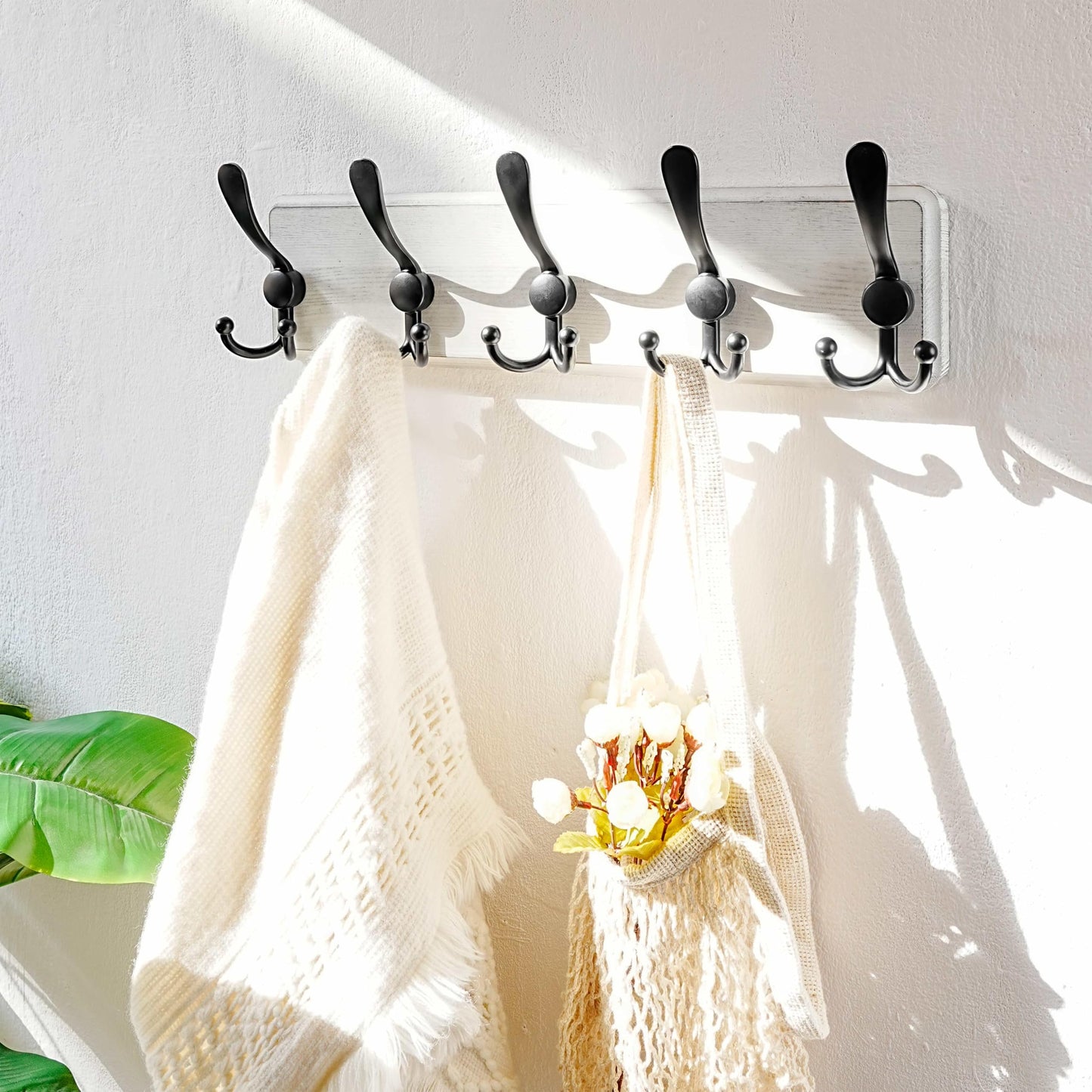Dseap Coat Rack Wall Mounted - 5 Tri Hooks, Heavy Duty, Wooden Wall Coat Hanger Coat Hook for Clothes Hat Jacket Clothing, White & Black