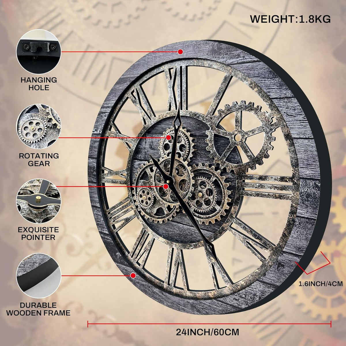The B-Style Large Wall Clock 24 inch Moving Gear Wall Clock Oversized Vintage Farmhouse Wall Clocks for Living Room Decor Rustic Industrial Wood Clock (Carbon Gray, 36 inch/90cm)
