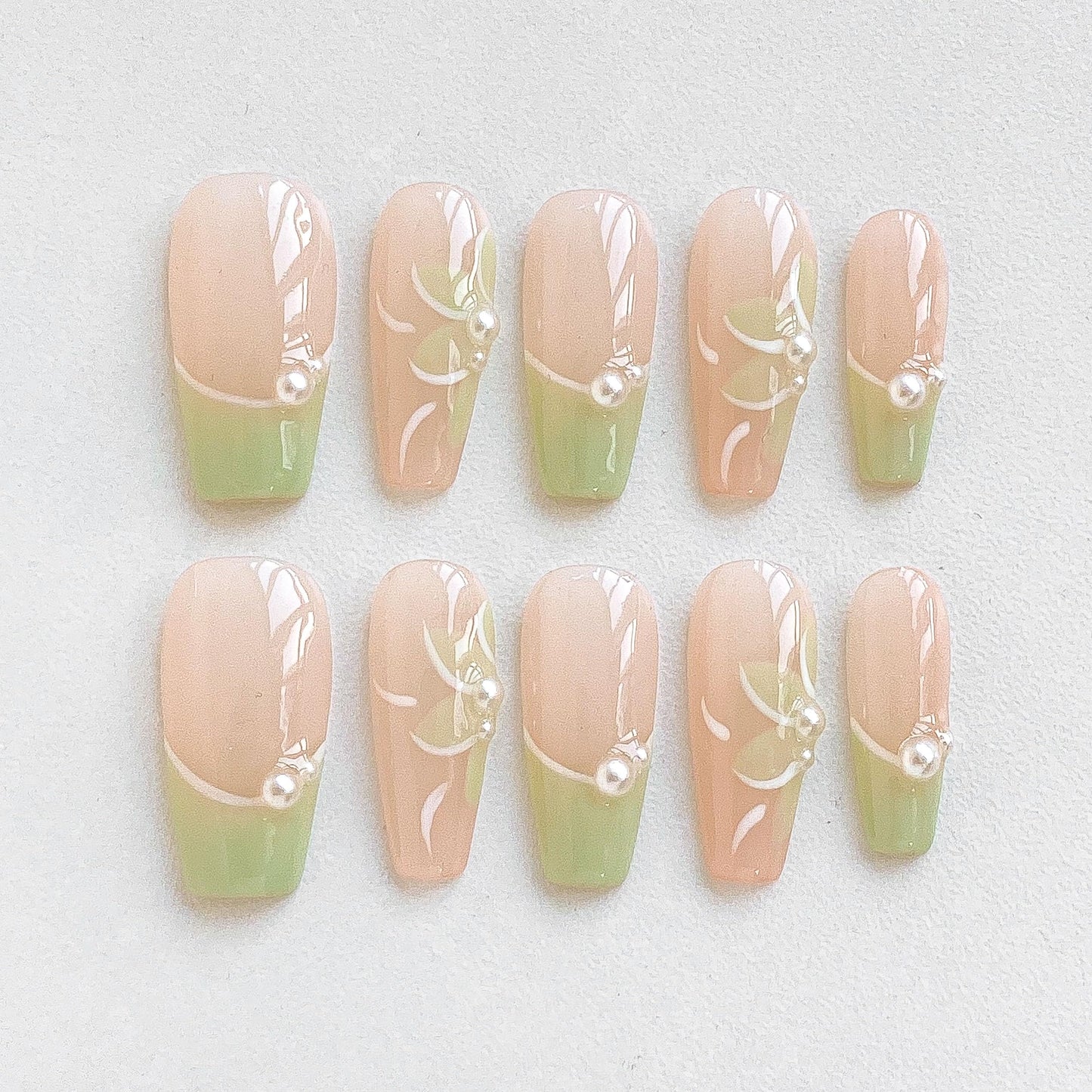 GLORS Long Ballerina Press On Nails, Pearl-Decorated Pink and Green French Tips, Handmade False Nail 10 Pieces (Small,LB)