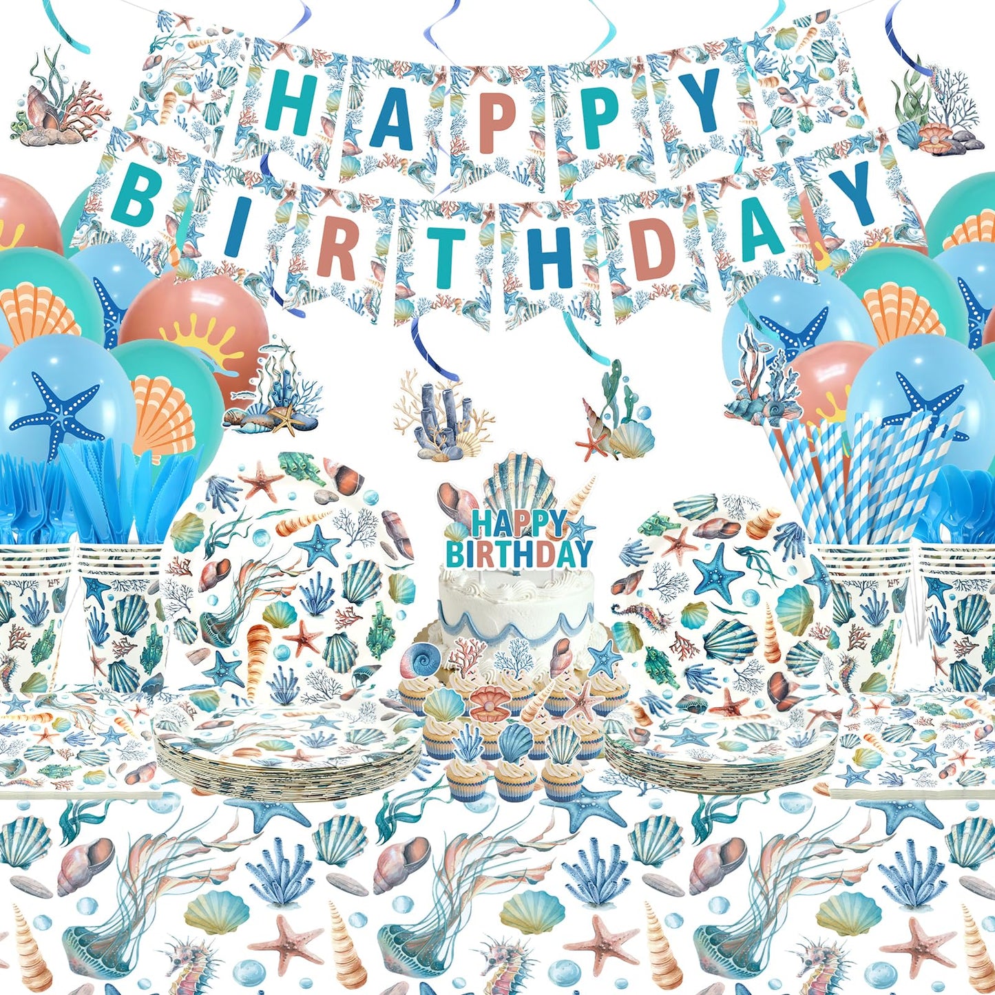 Obussgar Shells Birthday Party Decorations - Shells Party Supplies including Banner, Plate, Cake Topper, Cup, Napkin, Balloon, Tablecloth - Serves 20