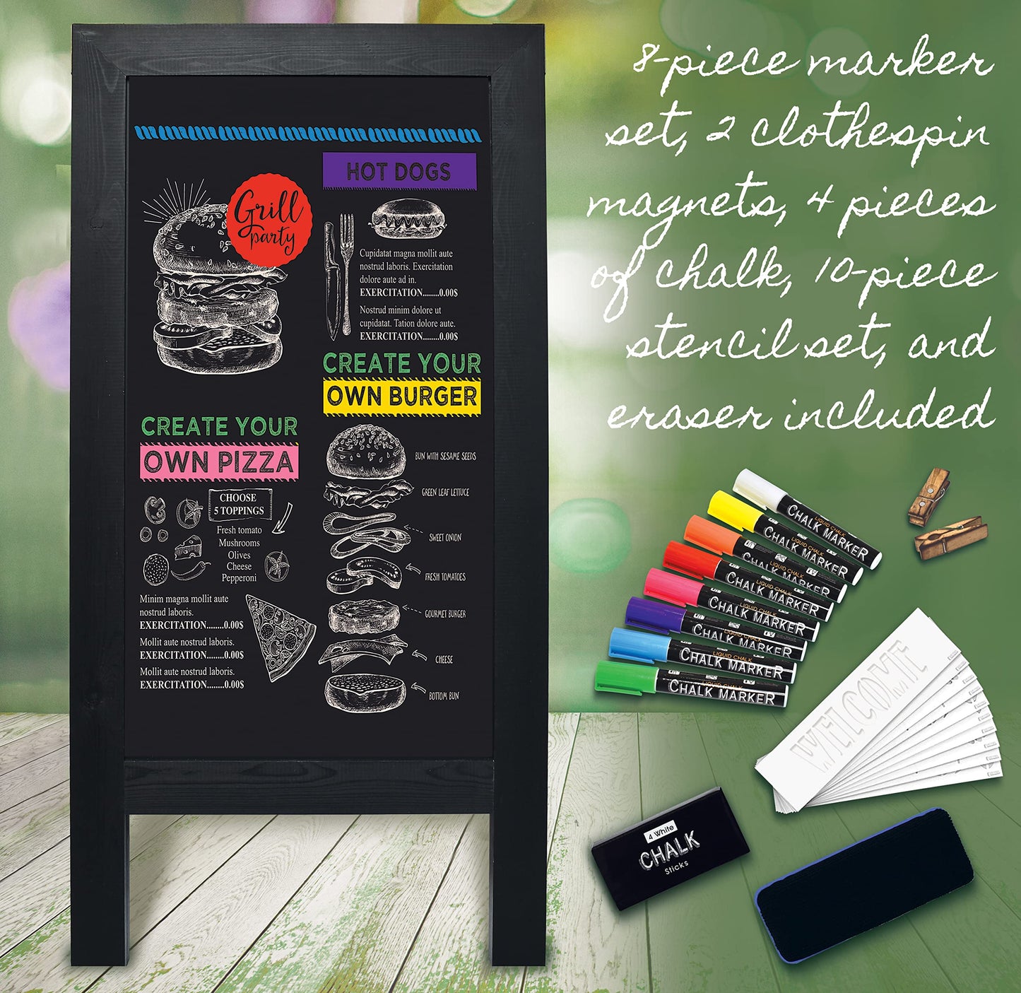 Better Office Products Magnetic A-Frame Chalkboard Sign, Extra Large 20" x 40", Standing Chalkboard Easel, Deluxe Set with Multiple Accessories, Outdoor Sidewalk Sandwich Board Sign,(Black)