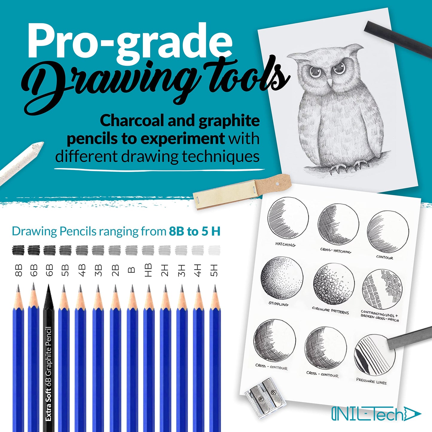 NIL - TECH 37-Pc Professional Drawing Set & Sketching Kit for Adults – Complete Art Supplies with Travel Case, Sketch Pad & Tutorials – Ideal Gift for Sketching