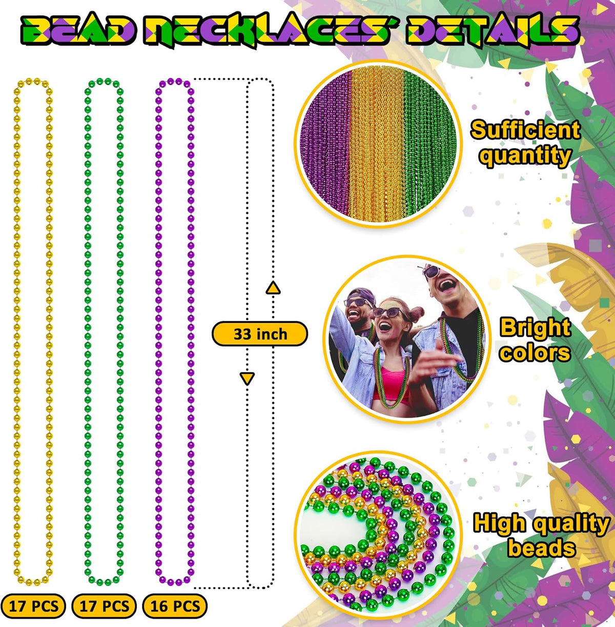 50PCS Mardi Gras Beads, Mardi Gras Green Purple Gold Necklaces Bulk, Metallic Mardi Gras Beads Necklace Accessories Costumes for Parade Throws Party Decorations Favor Supplies