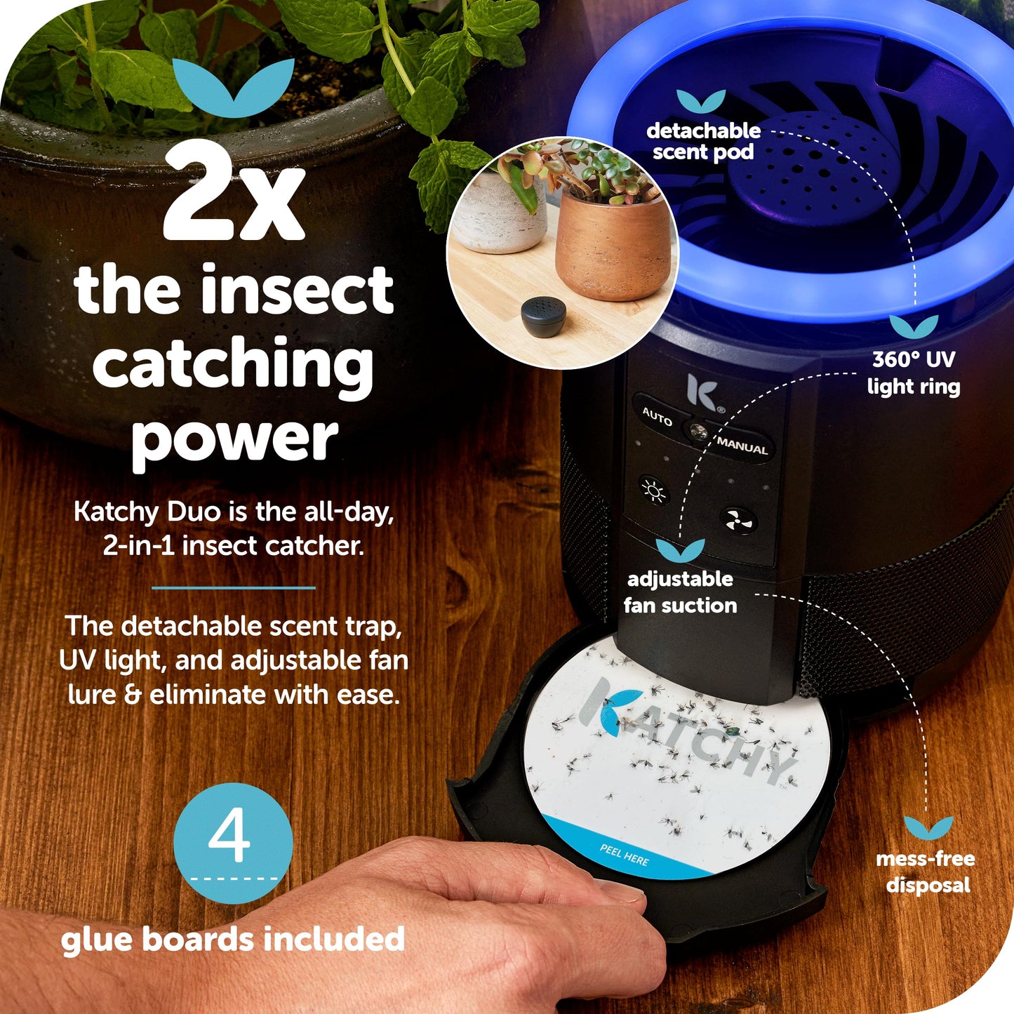 Katchy Duo – Indoor Flying Insect Trap with Scent Pod – Day & Night Effective – Mosquito, Fruit Fly, Gnat & Small Moth Catcher – Non-Zapper Trap with Blue UV Light & Fan Suction (Black)