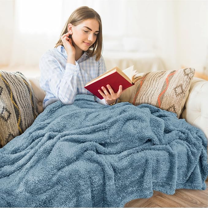 PAVILIA Sherpa Throw Blanket for Couch Sofa, Dusty Slate Blue Fluffy Warm Plush Blanket for Twin Bed, Cozy Super Soft Lightweight Throw, Fuzzy Decorative Blanket, All Season Home, 60x80