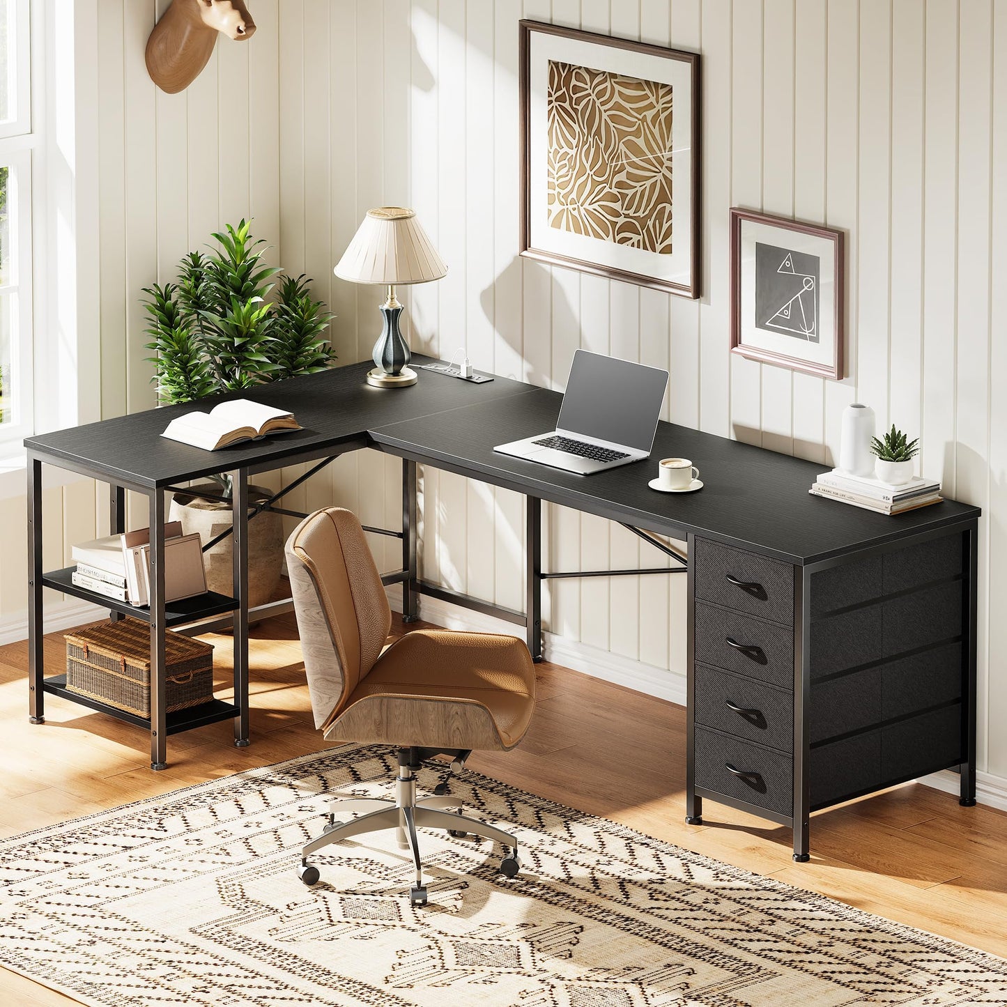 Huuger 55 Inch L Shaped Desk with Fabric Drawers, Reversible Computer Gaming Desk with Power Outlets and USB-C Port, Adjustable Side Storage Shelves, for Work Study Corner Home Office, Black