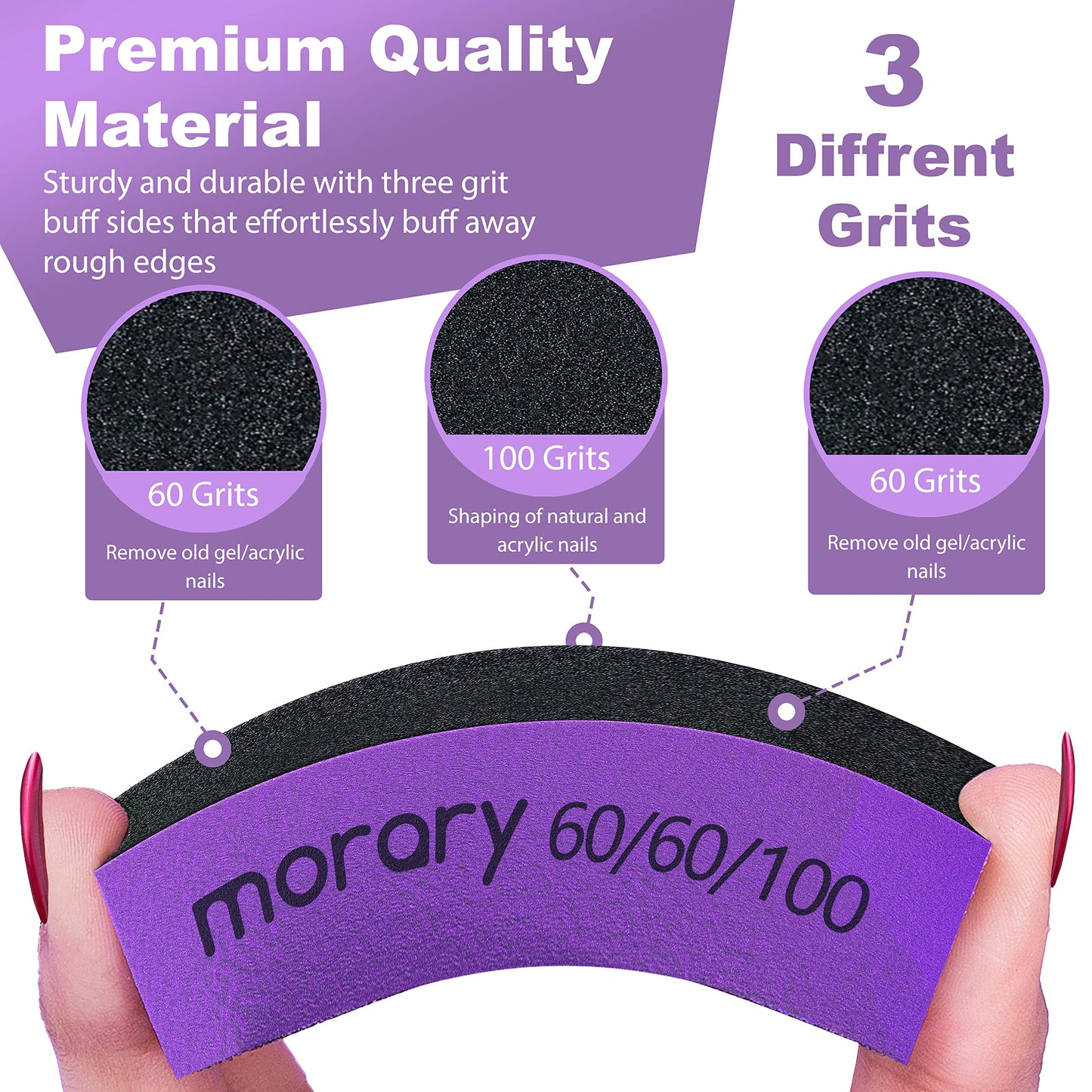 Morary 12-Pack Nail Buffers for Acrylic Nails, 60/60/100 Grit, 3 Sided (Purple Black)