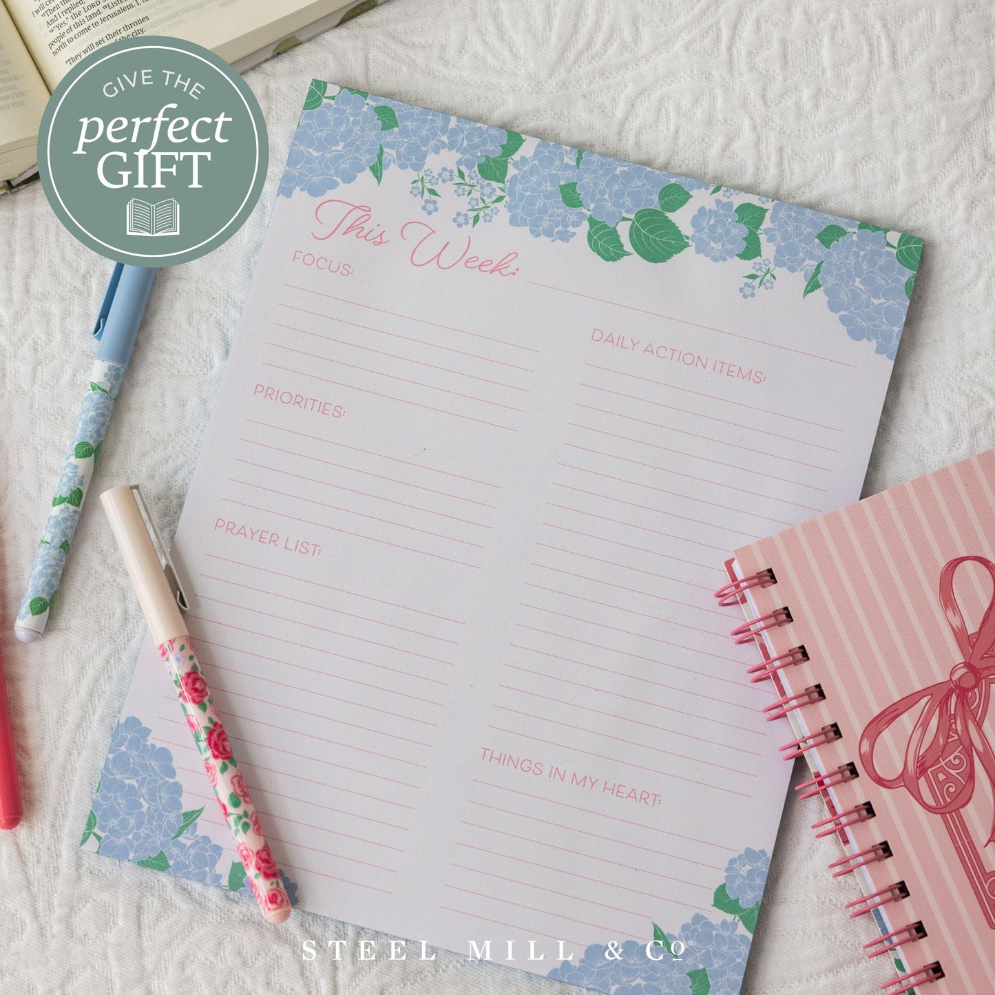 Steel Mill & Co 10" x 7.75" Planner Notepad, Faith-Based Undated Weekly Planner with 52 Sheets, Guided Prompts for Focus, Priorities, Prayers & Daily Actions, Desk Pad Organizer for Women (Blue Hydrangeas)