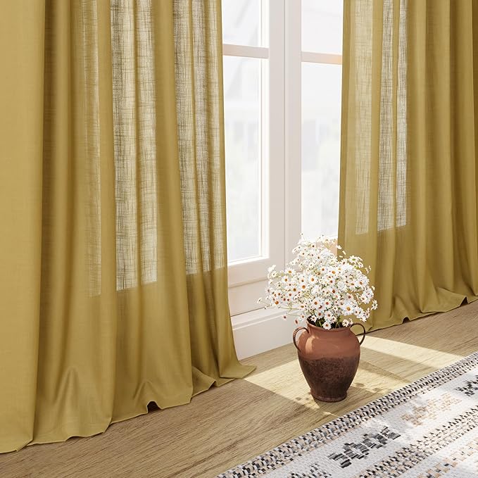 Nanspring Gold Linen Curtains 108 Inches Long for Living Room Bedroom 2 Panels Set Extra Long Back Tab Curtain Light Filtering Sheer Drapes Floor to Ceiling Curtain for Large Windows 52x108