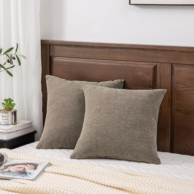 GAWAMAY Decorative Square Throw Pillow Covers 18"x18" Inch Set of 2, Super Soft Chenille Pillows Farmhouse Fall Pillowcase for Living Room Bedroom Sofa Couch Cushion Cover Taupe Grey 45x45cm