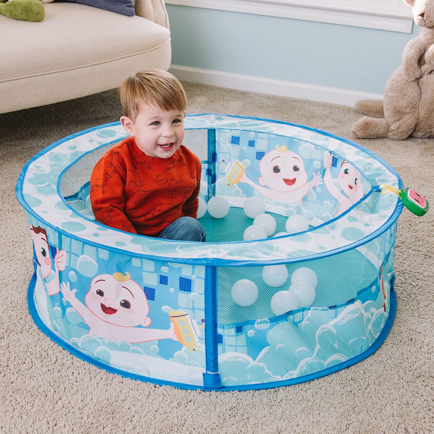 Sunny Days Entertainment Bath Time Sing Along Play Center - Ball Pit Tent with 20 Bonus Play Balls and Music - CoComelon