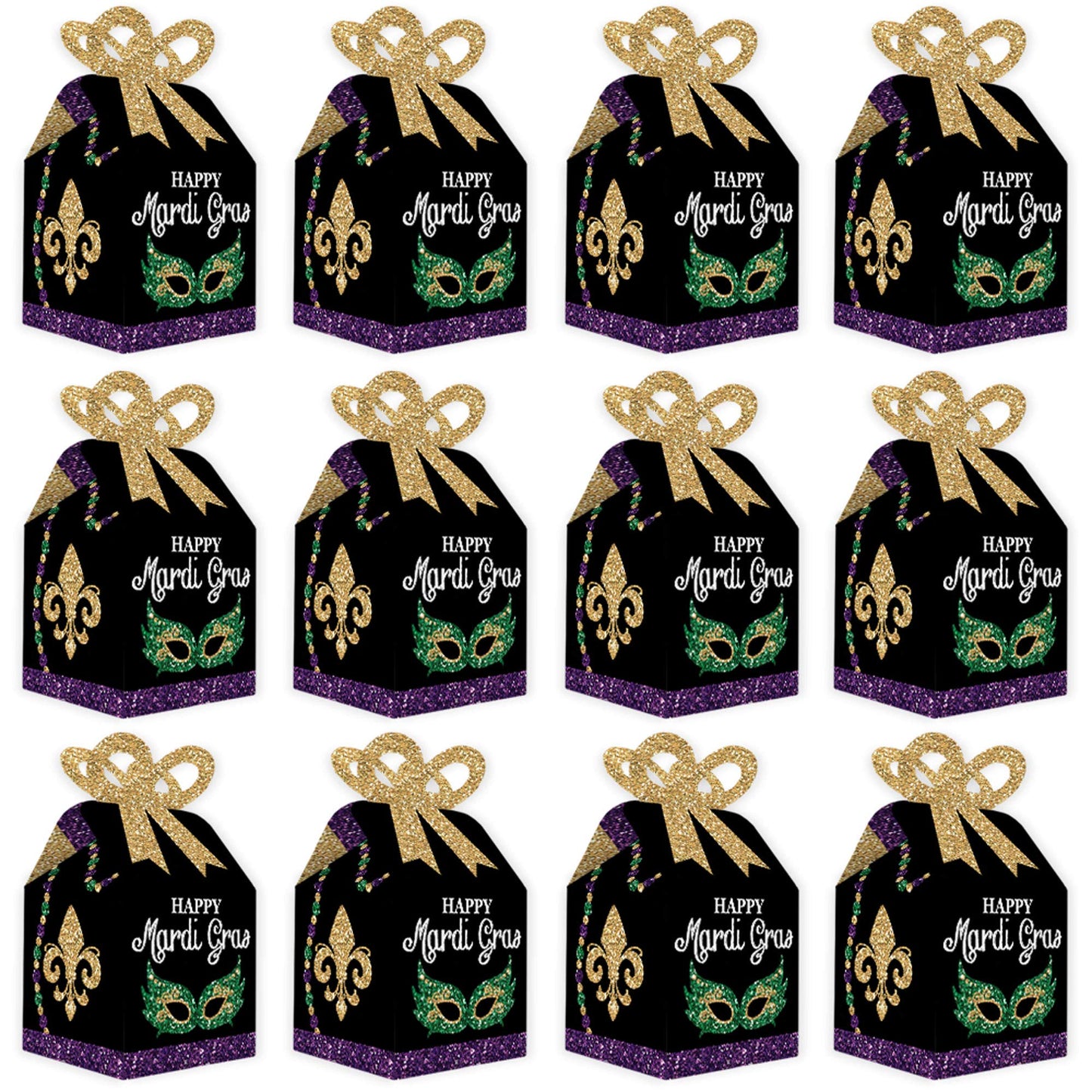 Big Dot of Happiness Mardi Gras - Square Favor Gift Boxes - Masquerade Party Bow Boxes - Set of 12