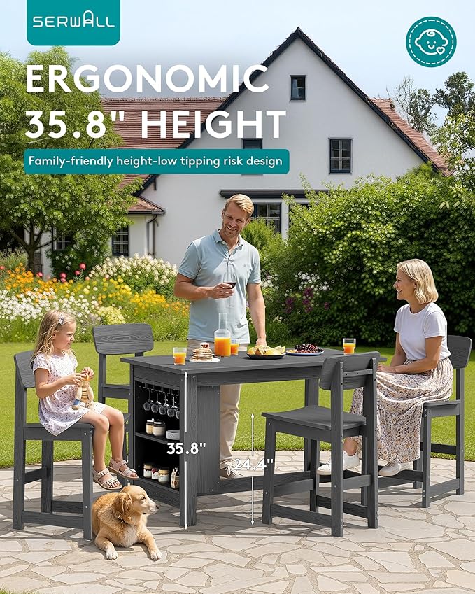 SERWALL Outdoor Bar Stools Set of 2, All Weather HDPE 25" Counter Height Bar Stools with Back, Outdoor Armless Barstools for Patio, Garden, Backyard, Balcony, Poolside, Gray