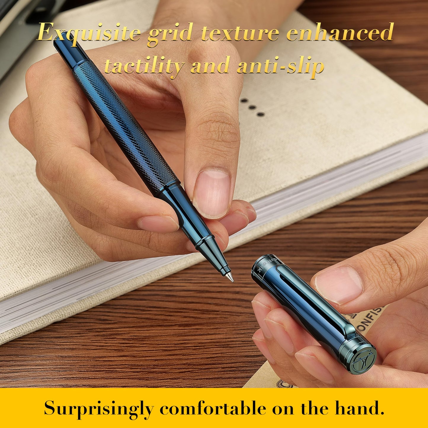 MCNTEIK Electroplated Blue Rollerball Pen, Stunning Luxury Pen with Mesh Texture Design、Schmidt Ink Refill, Nice Gift Set for Men & Women, Business, Executive, Office, Fancy, Nice Fancy Designer Pens