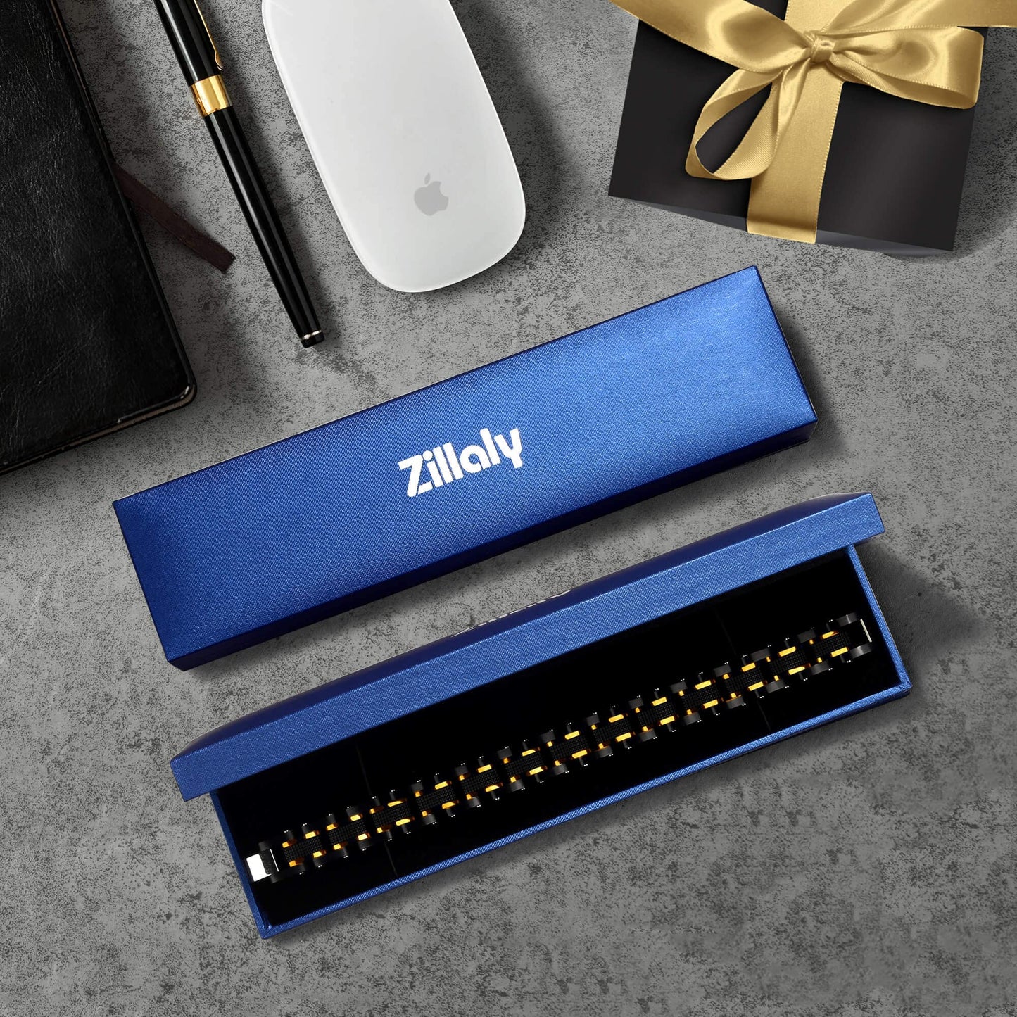 Zillaly Men's Stainless Steel Two-Tone Square Link diamond Bracelet in Black & Blue Ion-Plated Black (Black gold)