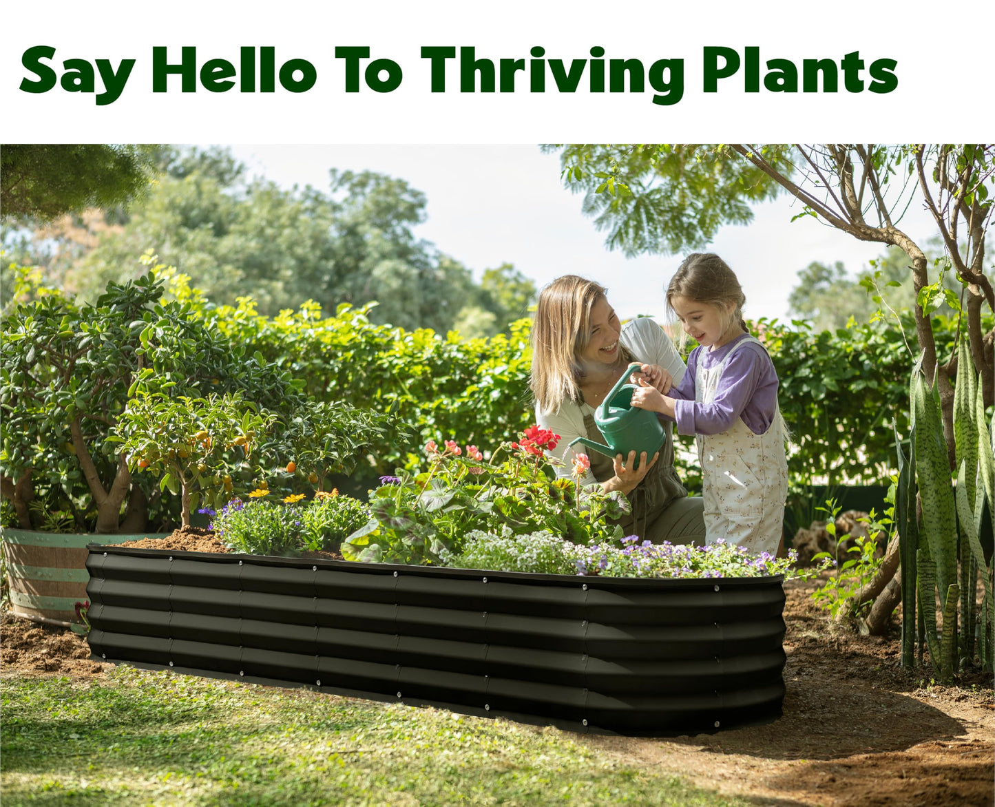Plant & Plot Galvanized Raised Garden Beds Outdoor // 8×2×1 ft Planter Raised Beds for Gardening, Vegetables, Flowers // Large Metal Garden Box (Black) // Patented Tool-Free Design