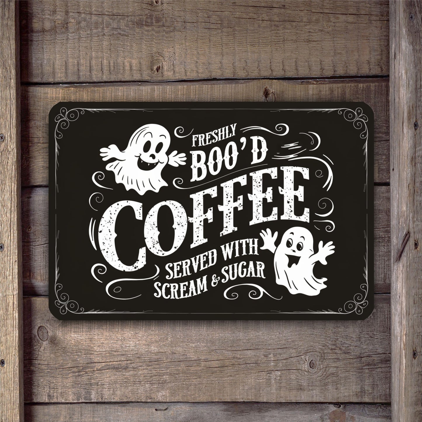 Halloween-Themed Metal Sign - "Freshly BOO'D Coffee Served with Scream and Sugar" - Humorous Ghost Design - 8"x12" Black Metal Sign