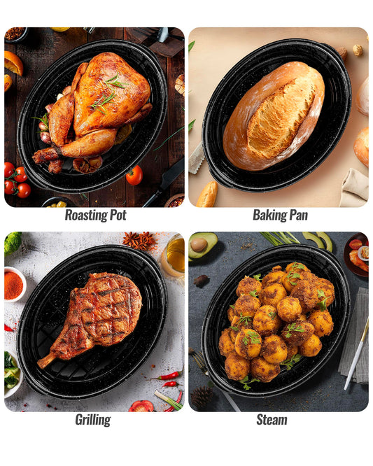 MCCSI Roasting Pan with Lid & Rack 18 Inch Extra Large Deep Oven Baking Pot, Enamel Granite Non-Stick Oval Carbon Steel Pot for Turkey Chicken Ham Steak Non-Toxic for Mother Day Gift Roaster Pan