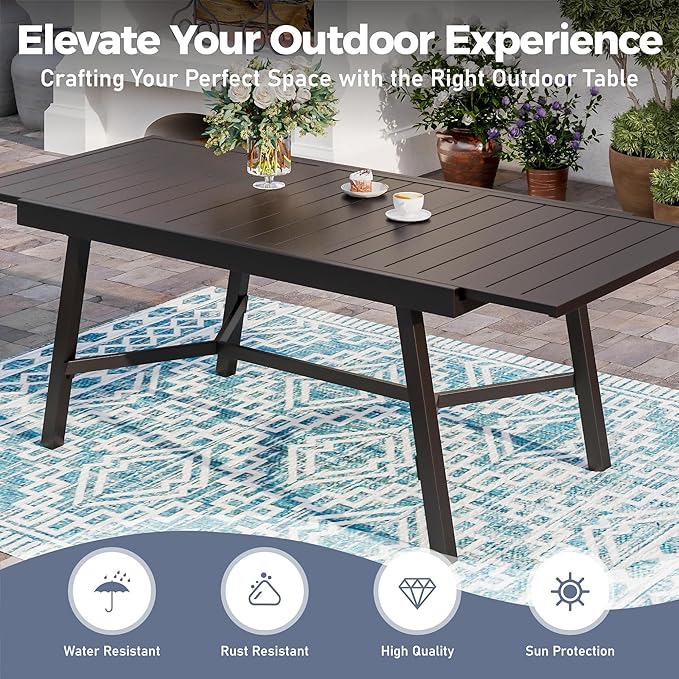 9 Piece Patio Dining Set for 8, Rectangular Extendable Dining Table, 8 Metal Brown Chairs, Outdoor Table and Chairs Set for Lawn Backyard and Deck